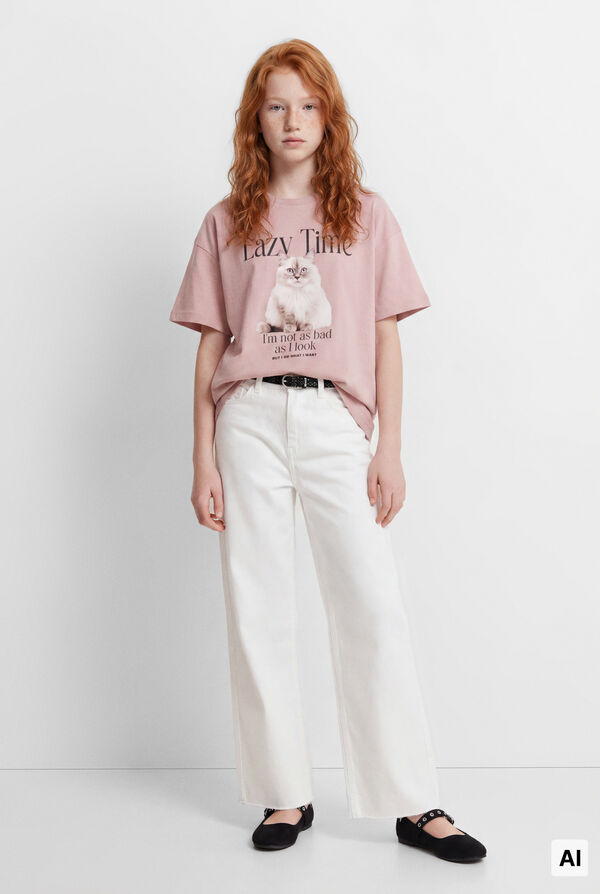 Springfield Kids T-shirt de manga curta com gato para menina rosa