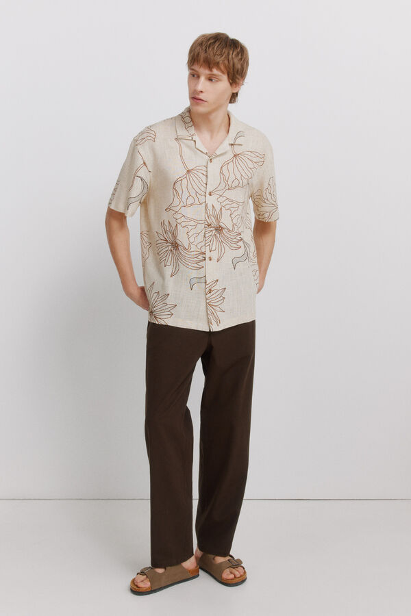 Springfield Camisa de manga curta estampada em linho e viscose bege