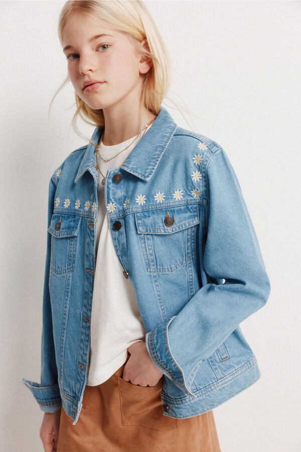 Springfield Kids Blus&atilde;o trucker de menina em denim com margaridas azul