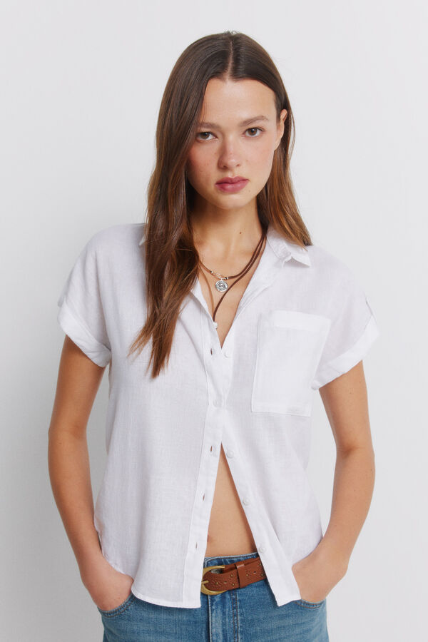 Springfield Camisa de manga curta em linho branco