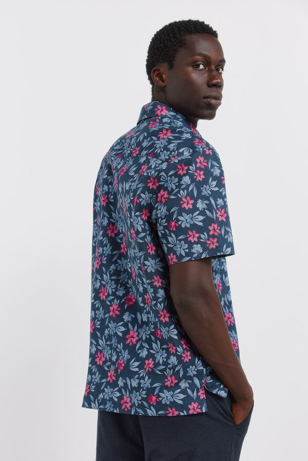 Springfield Camisa de manga curta em linho estampado azul