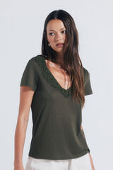 Springfield T-shirt decote crochet Caqui escuro