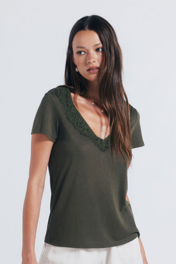 Springfield T-shirt decote crochet Caqui escuro