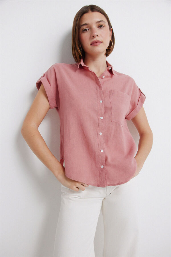Springfield Camisa de manga curta em linho rosa
