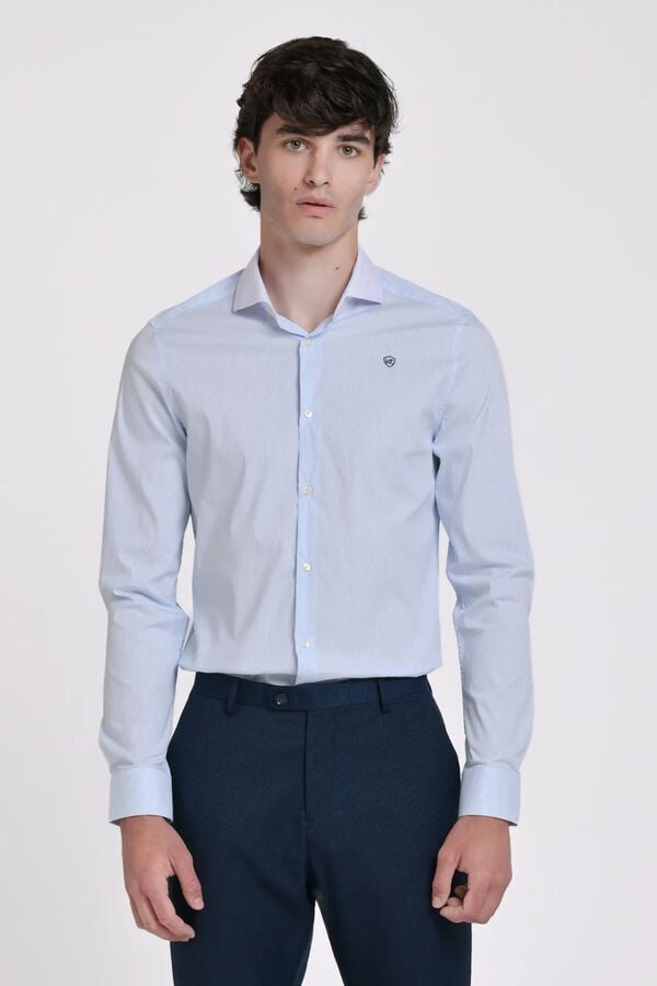 JVZ Camisa de riscas com gola em contraste azul