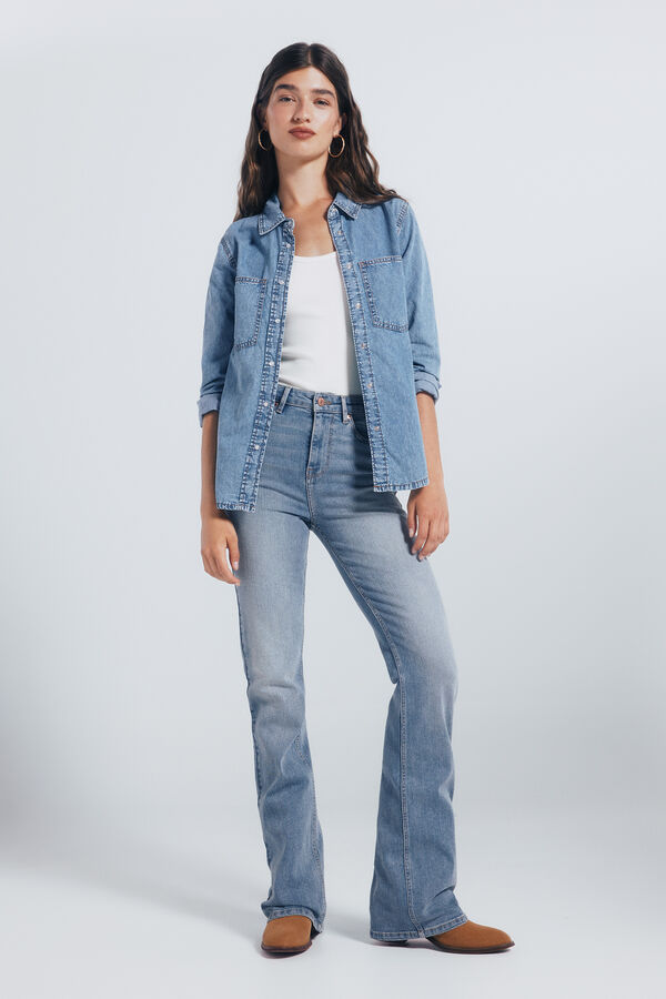 Springfield Camisa jeans com bolsos azul