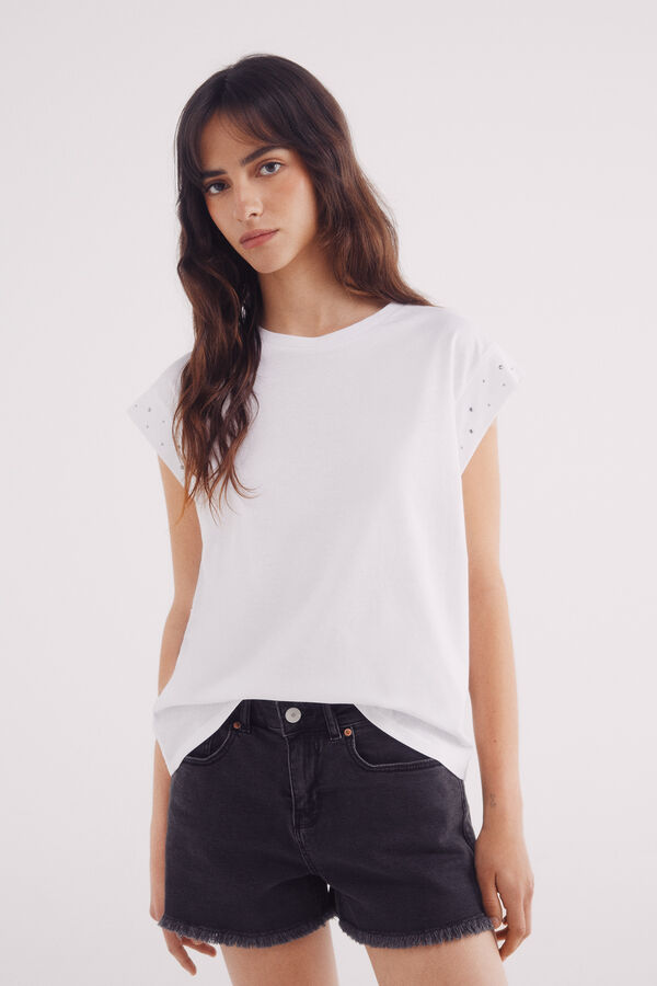 Springfield Camiseta com mangas cravejada de cristais branco