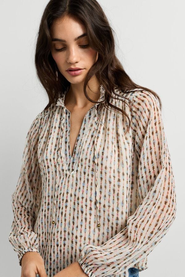Pepe Jeans Blusa fluida com fitas e borlas estampado