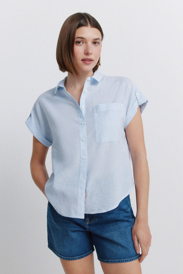 Springfield Camisa de manga curta em linho azul