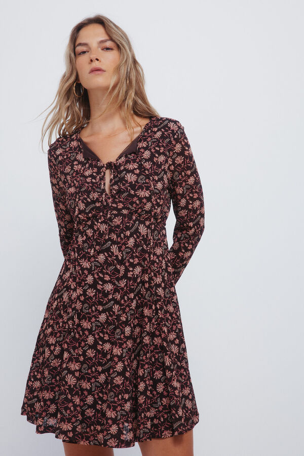 Springfield Vestido curto com decote em laço estampado castanho