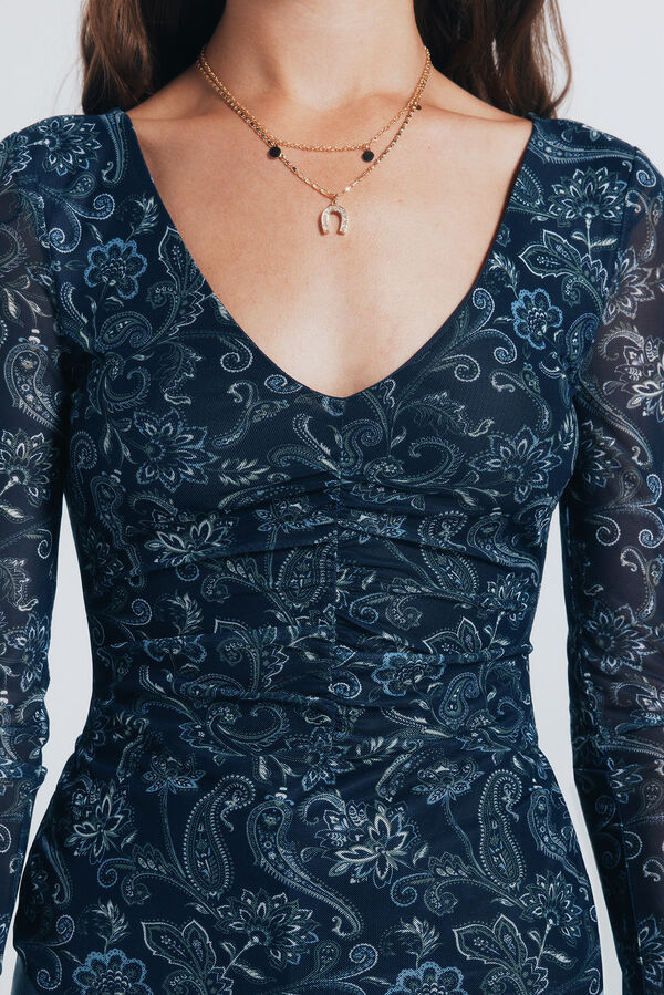 Springfield Camiseta de chiffon com decote franzido estampado azul