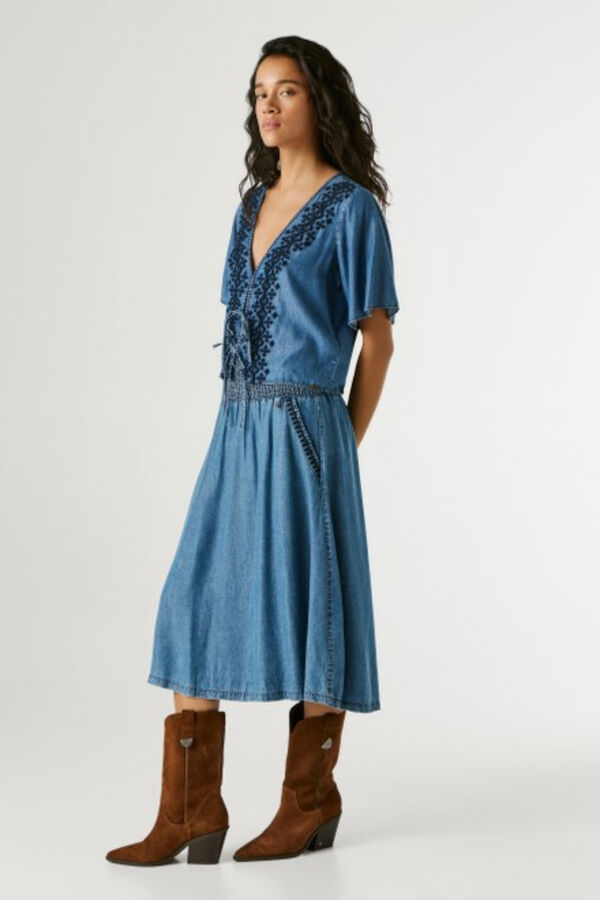 Pepe Jeans Saia midi bordada com bolso lateral azul