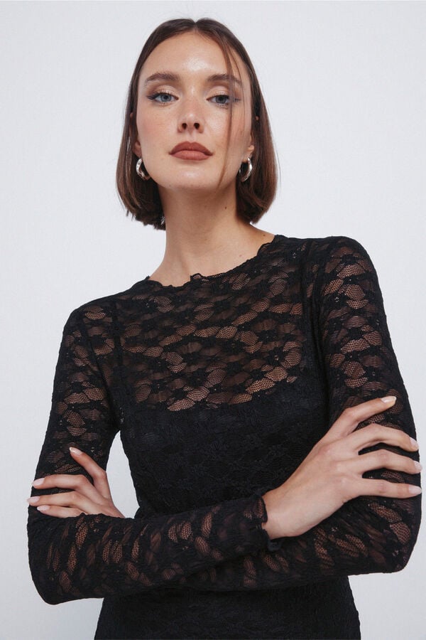 Springfield Vestido midi de renda assimétrico preto