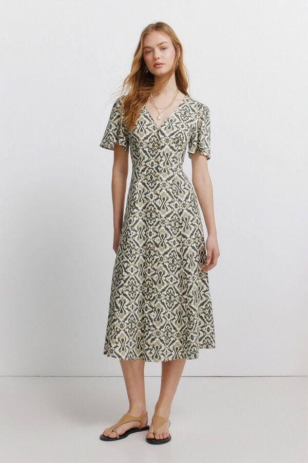 Springfield Vestido camisero estampado lino kaki