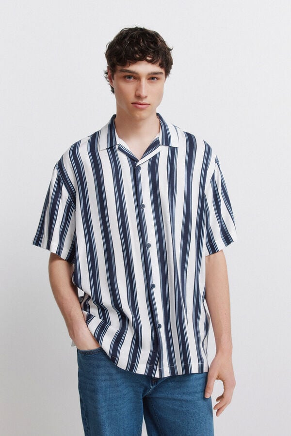 Springfield Camisa de manga curta em viscose &agrave;s riscas azul