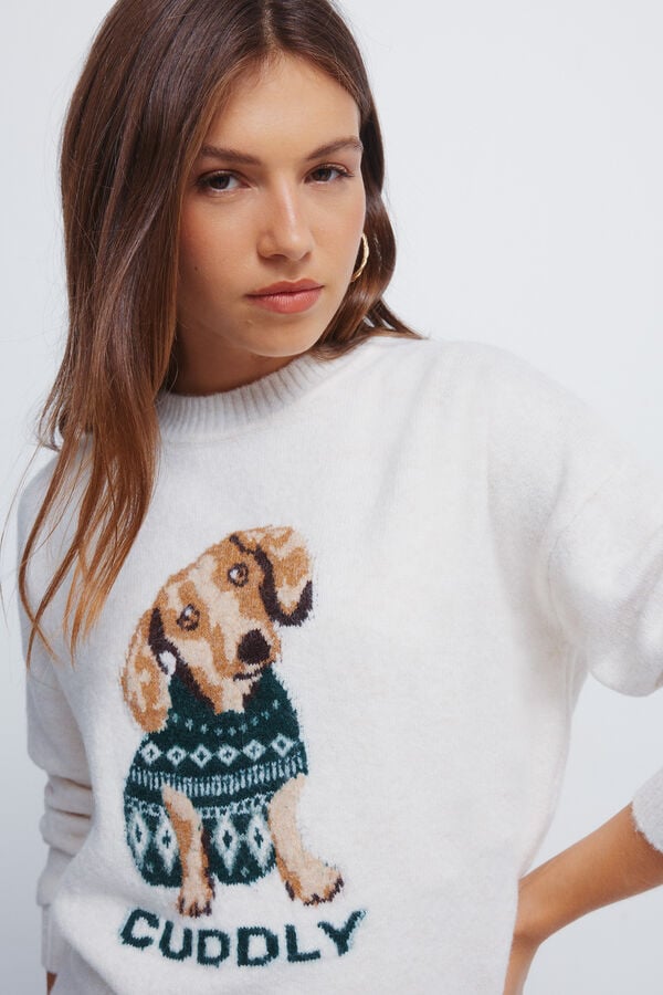 Springfield Camisola com estampado de cão em tricô "fofo" branco