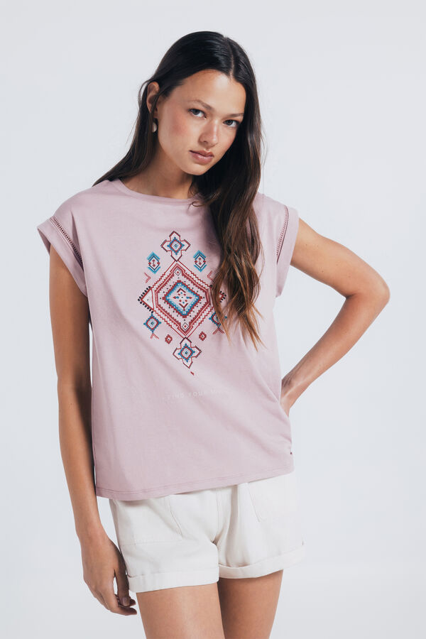Springfield Camiseta estampada étnica com mangas rosa