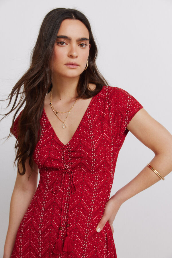 Springfield Vestido midi com franzidos e la&ccedil;o vermelho