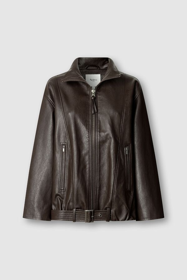 Pepe Jeans Casaco efeito pele com cinto castanho