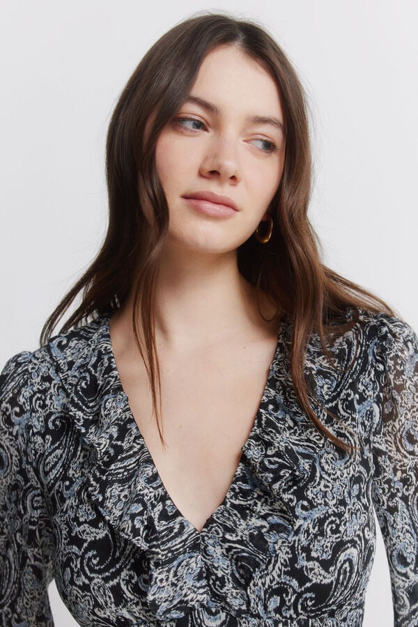 Springfield Vestido curto estampado manga comprida preto