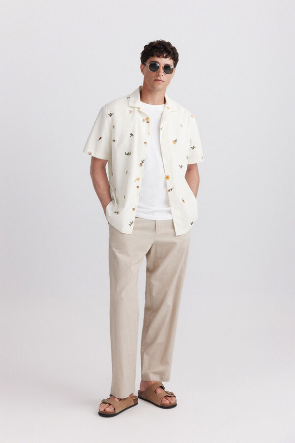 Springfield Camisa bowling de manga curta com bordado floral azul