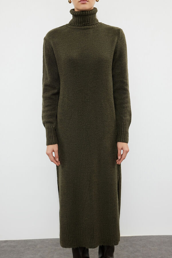 Trendyol Vestido midi gola alta com abertura Caqui escuro