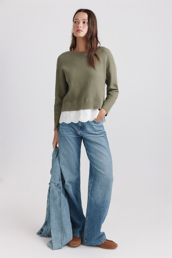 Springfield Camisola bimaterial em renda Caqui escuro