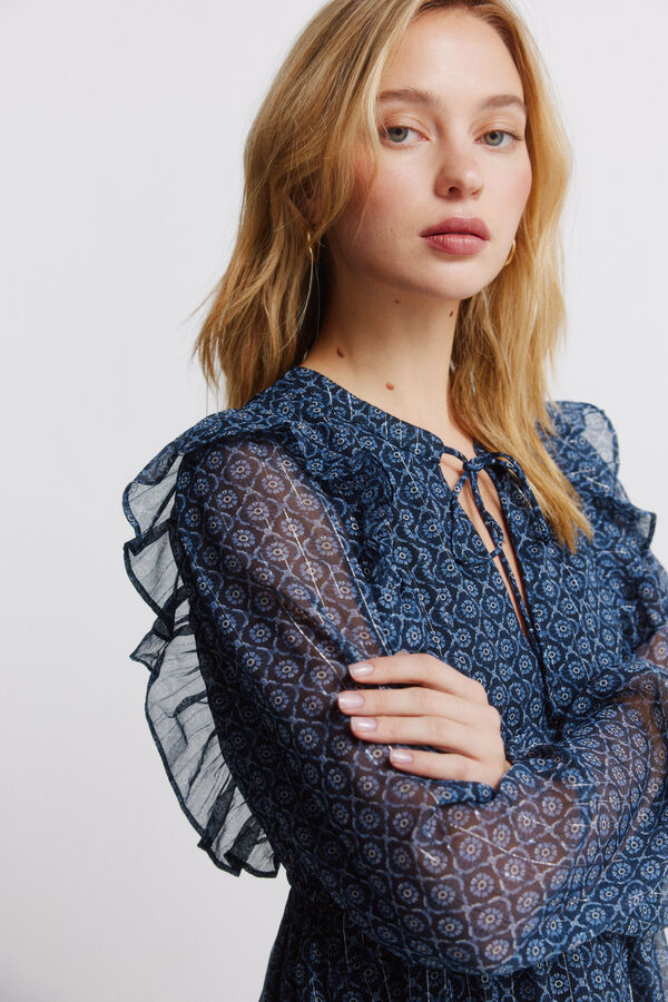 Springfield Vestido curto de manga comprida com folhos azul