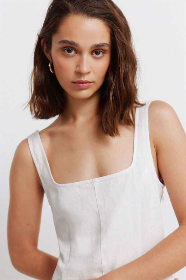 Springfield Vestido em linho com decote quadrado branco