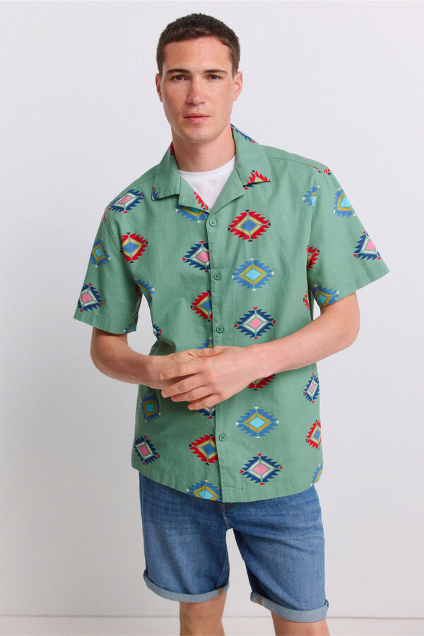 Springfield Camisa de manga curta bowling estampada verde