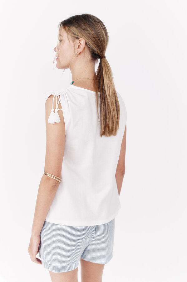 La Vecina Rubia Camiseta de manga manga curta com borlas bege