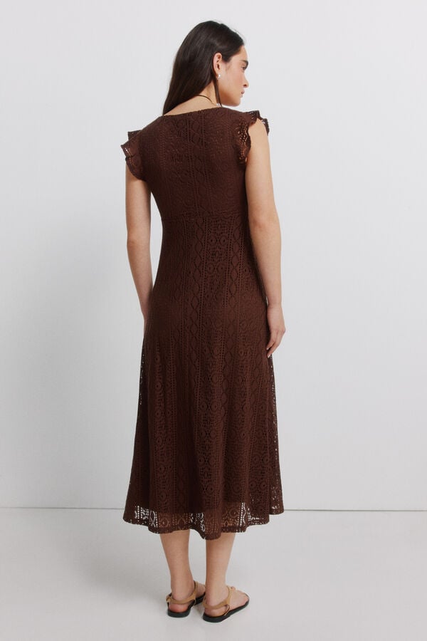 Springfield Vestido midi manga curta com folhos castanho