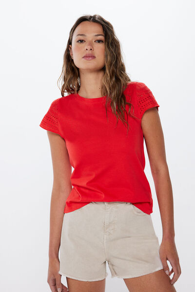 Springfield T-shirt mangas bordado suíço vermelho