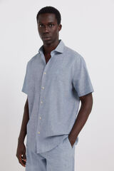 Springfield Camisa de manga curta em linho azul