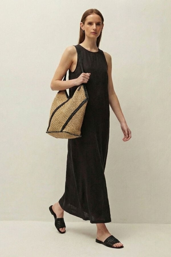 Systemaction Vestido comprido de linho preto