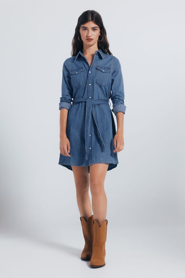 Springfield Vestido vaquero camisero cinturón azul