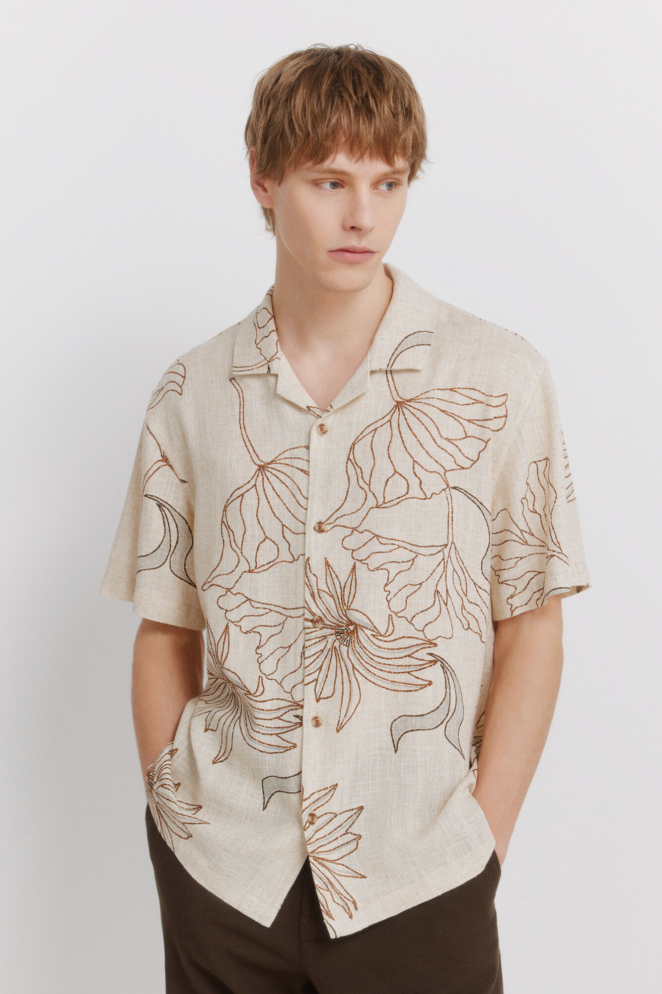 Springfield Camisa de manga curta estampada em linho e viscose