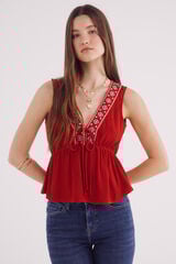 Springfield Blusa decote com borda étnica vermelho