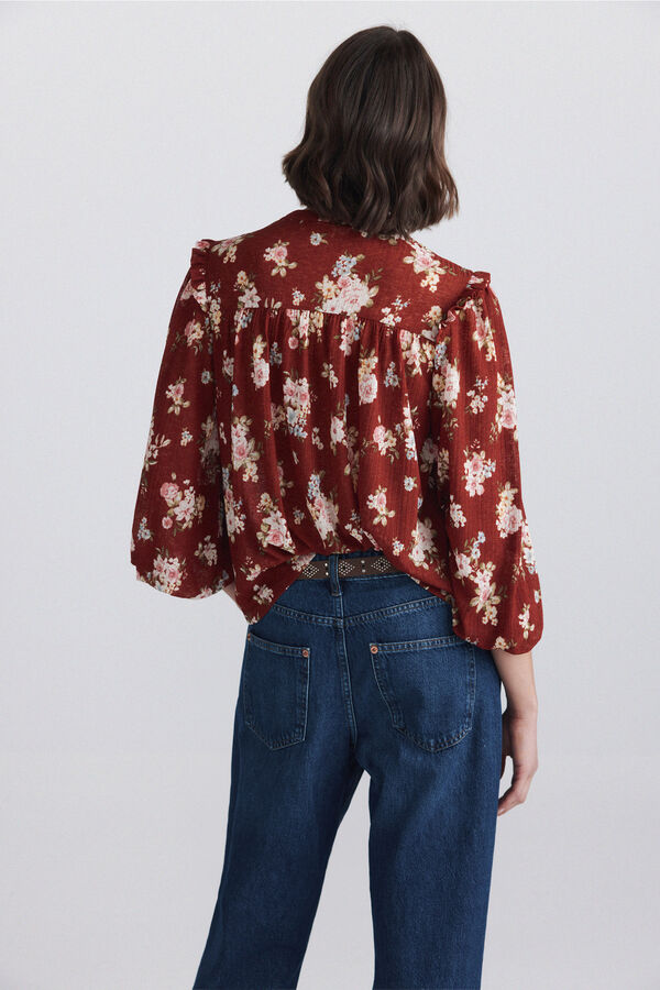 Springfield Blusa estampada com folhos de renda castanho