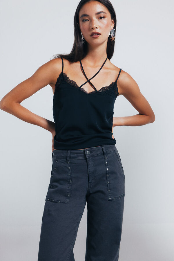 Springfield Calça jeans culotte com tachas cinzento