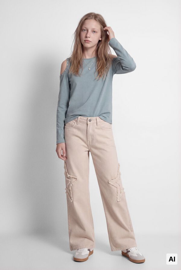 Springfield Kids Pantalon wide leg estrella lateral ni&ntilde;a marfil