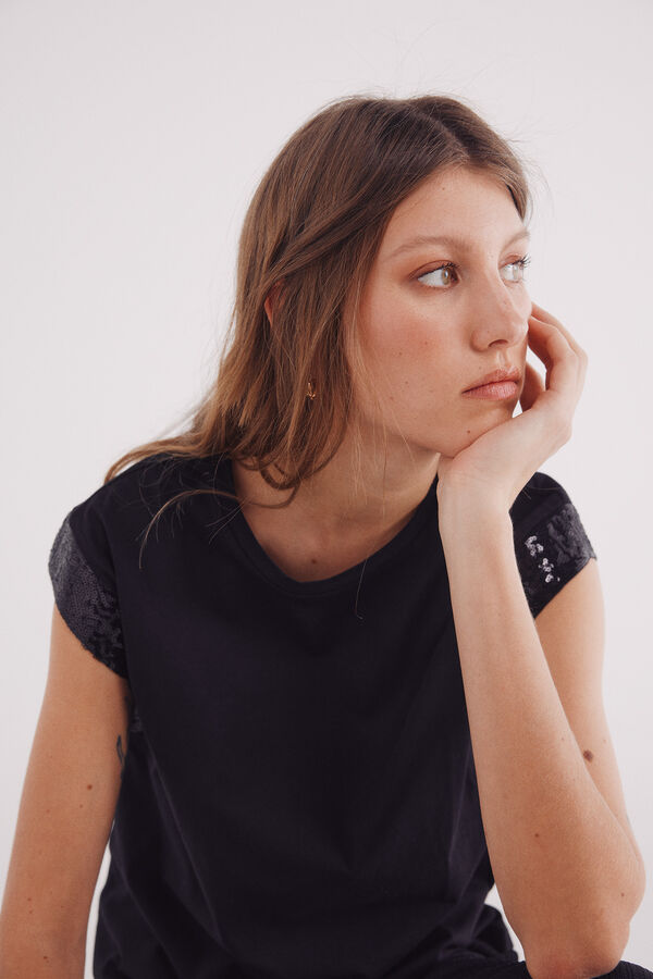 Springfield Camiseta manga ca&iacute;da lentejuelas negro