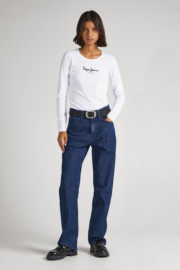 Pepe Jeans Camiseta b&aacute;sica de manga comprida com logo frontal branco