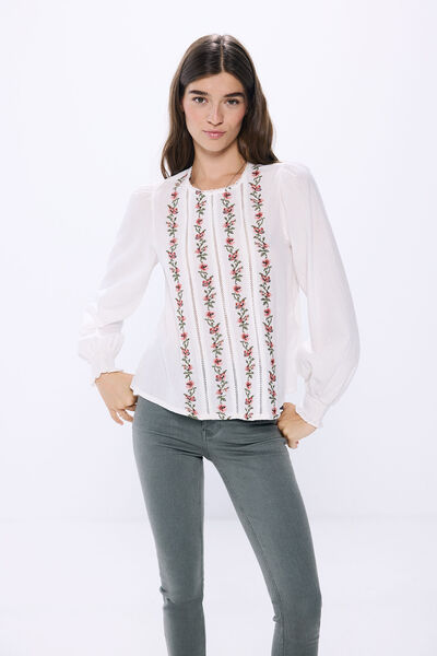 Springfield Blusa com bordado vertical de flores  natural