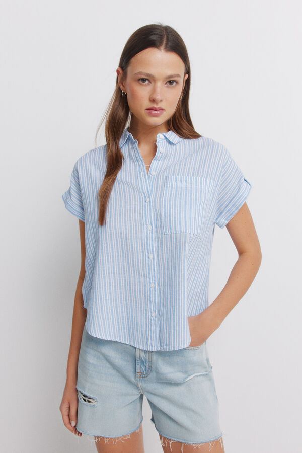 Springfield Camisa de manga curta em linho azul