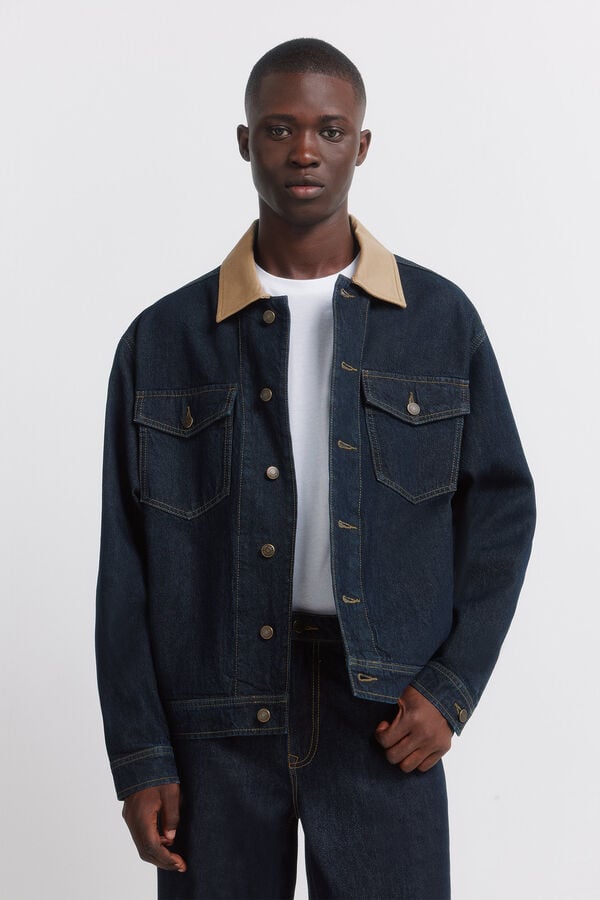 Springfield Jaqueta jeans oversized com gola contrastante azul