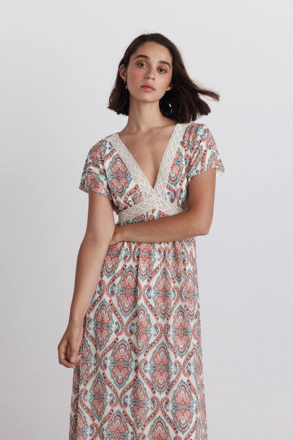 Springfield Vestido midi de manga curta com estampado sanefa bege