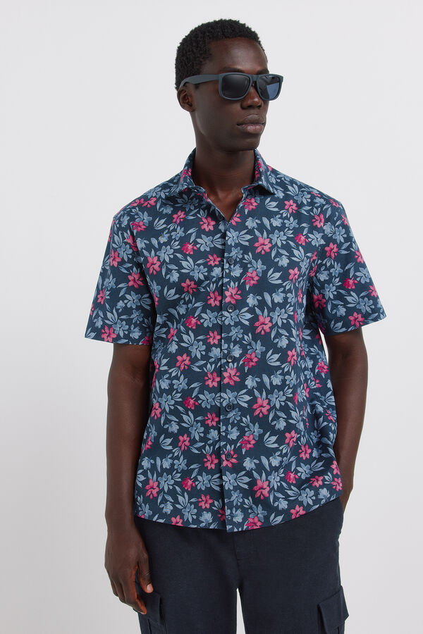 Springfield Camisa de manga curta em linho estampado azul