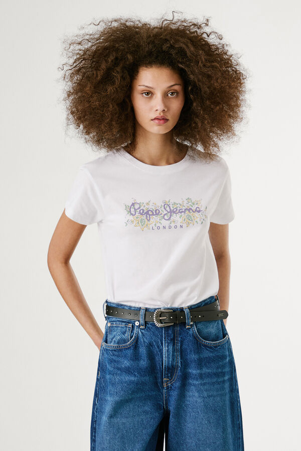 Pepe Jeans  Camiseta de manga curta com logo floral na frente branco