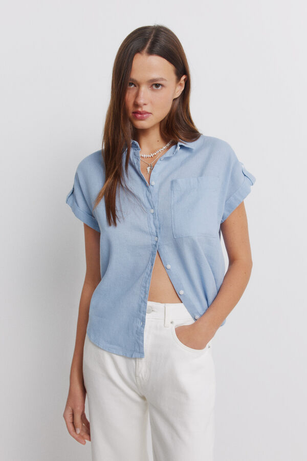 Springfield Camisa de manga curta em linho azul